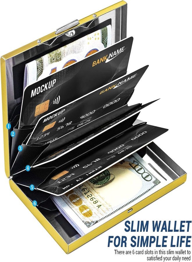 توكسين محفظة بطاقات ائتمان معدنية من توكسين بستة فتحات، مزودة بتقنية حجب RFID، لحفظ بطاقات الائتمان وبطاقات العمل، وحافظة بطاقات صغيرة للرجال والنساء (ذهبي). - Image 2